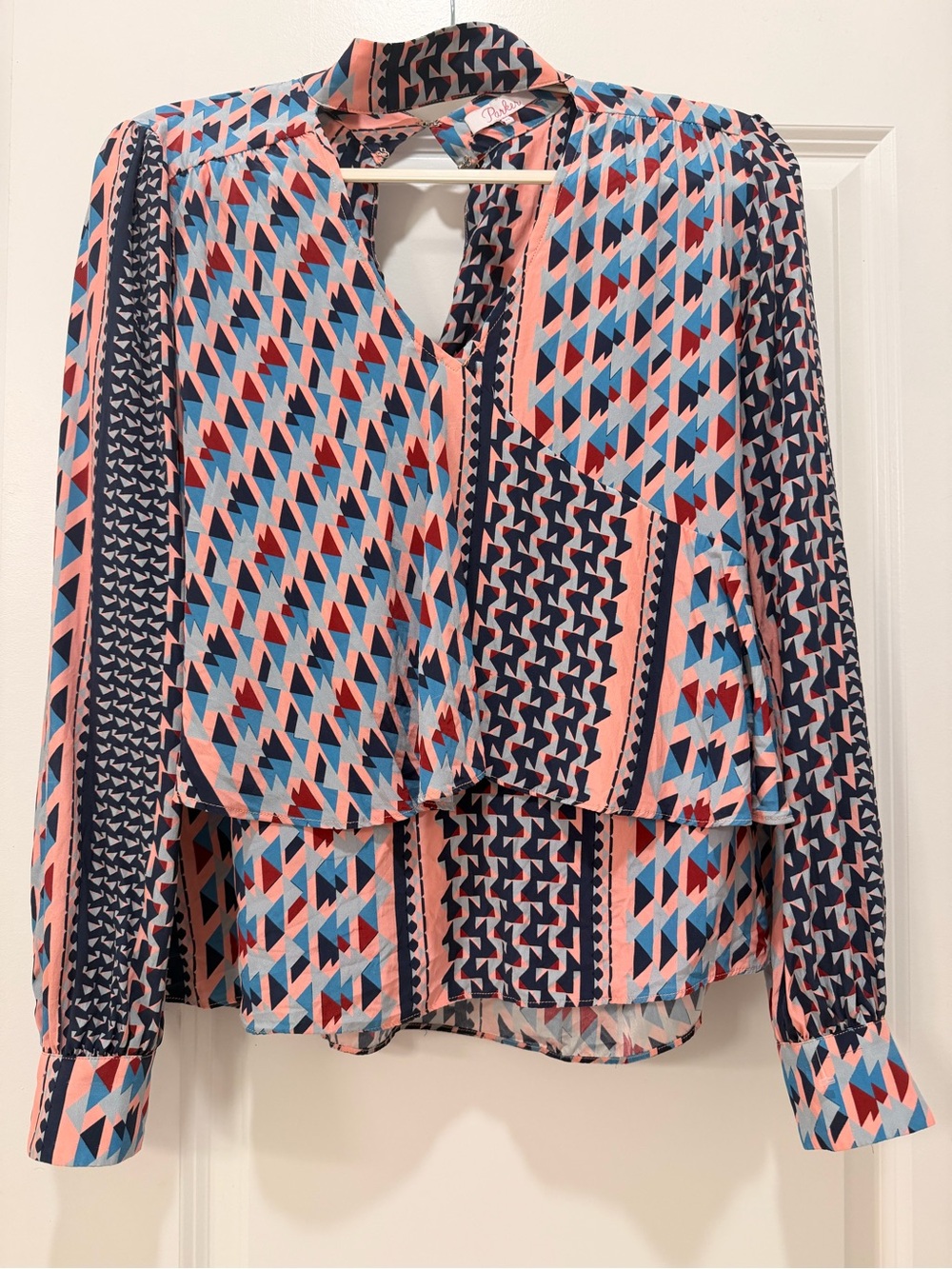 Parker Pink, Navy & Sky Blue Geometric Long-Sleeve Blouse